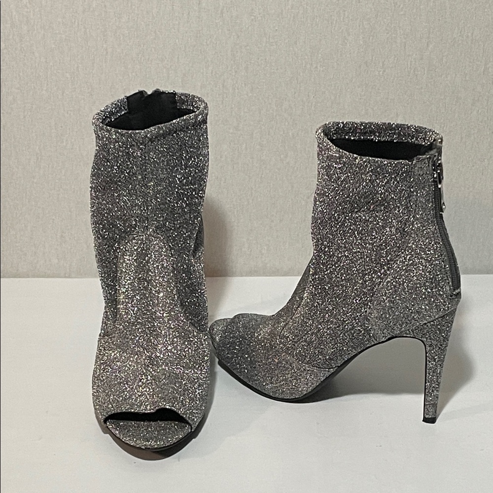 G by guess, Silver Glitter Peep-Toe Stiletto Ankle Boots